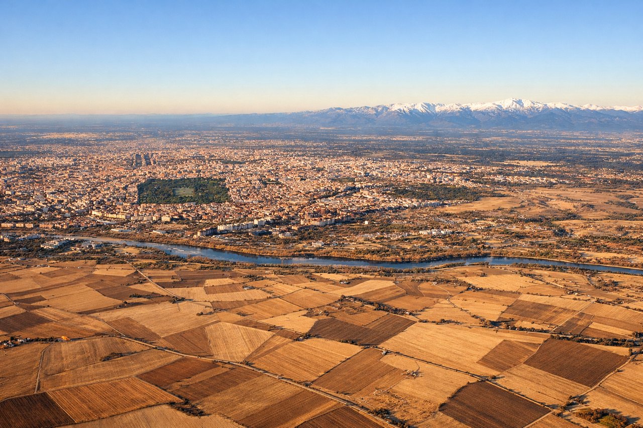 Aerial window seat view during landing at Madrid (left side) — Madrid city skyline, Sierra de Guadarrama foothills, Jarama river valley, Barajas terminal complex