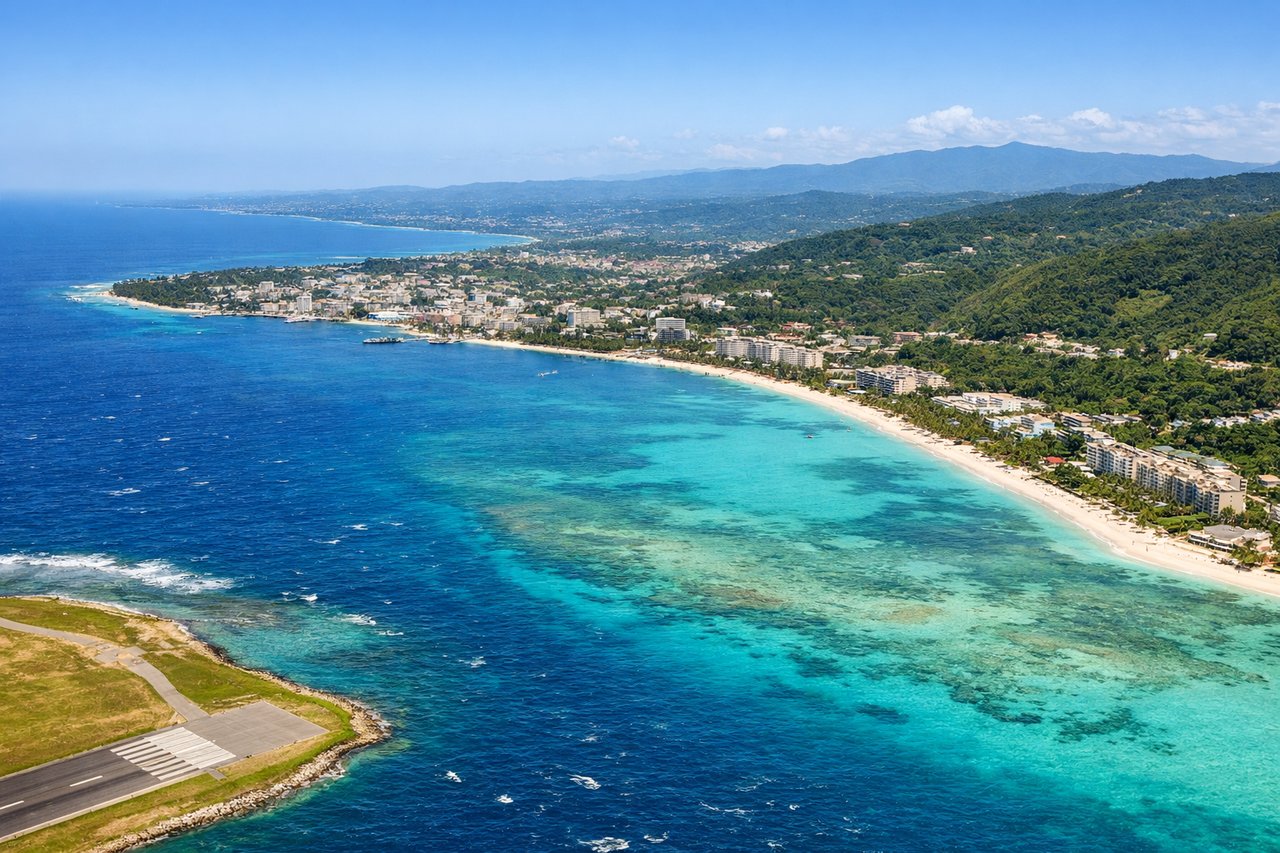Left window seat view during landing at Montego Bay (MBJ) — Montego Bay's crescent shoreline and turquoise waters, the town of Montego Bay with its grid of streets and development, the Caribbean Sea stretching to the northwest horizon, the green interior hills of Jamaica rising inland to the south