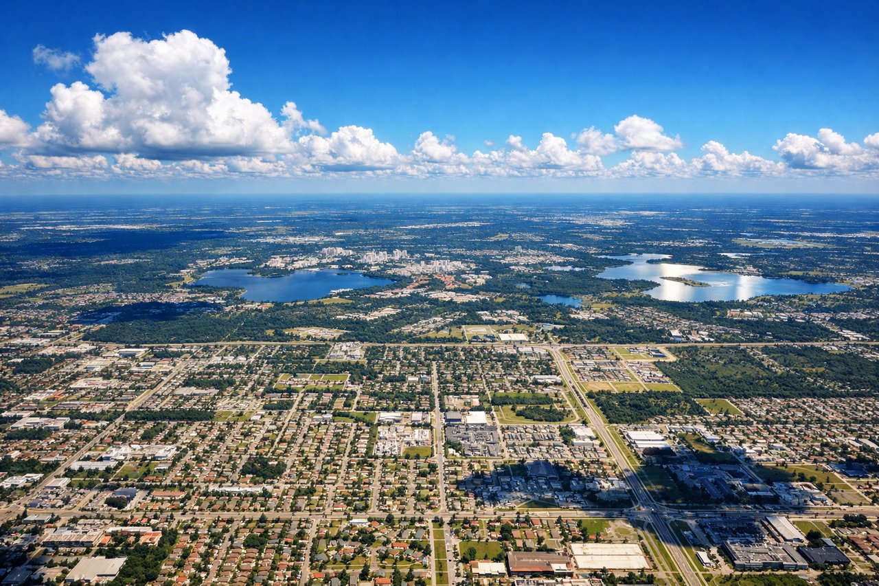 Right window seat view during landing at Orlando (MCO) — Downtown Orlando skyline, Central Florida lakes, Walt Disney World area in the distance, Orlando suburban sprawl