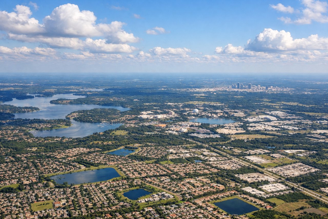 Left window seat view during takeoff from Orlando (MCO) — Downtown Orlando skyline, Walt Disney World area lakes, Lake Buena Vista, numerous central Florida lakes near International Drive