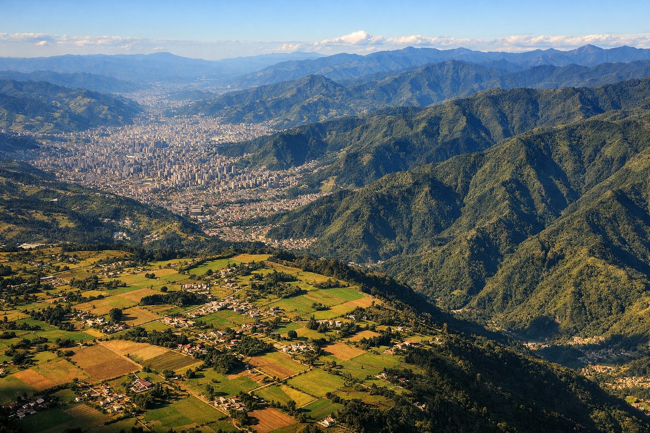 Aerial window seat view during landing at Rio Negro (left side) — Aburrá Valley (central feature), Medellin city and surrounding municipalities (dense urban grid), Cordillera Central peaks (east and west valley walls), Rio Medellin (visible as linear feature through valley floor)