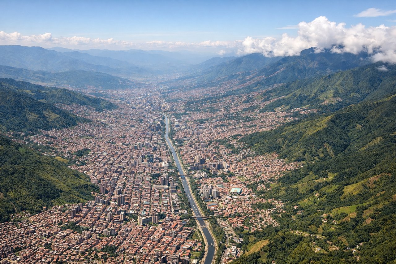 Left window seat view during takeoff from Rio Negro (MDE) — Aburrá Valley urban development, surrounding Andean ridgelines to the east and west, Rio Medellín valley floor, distant southern peaks