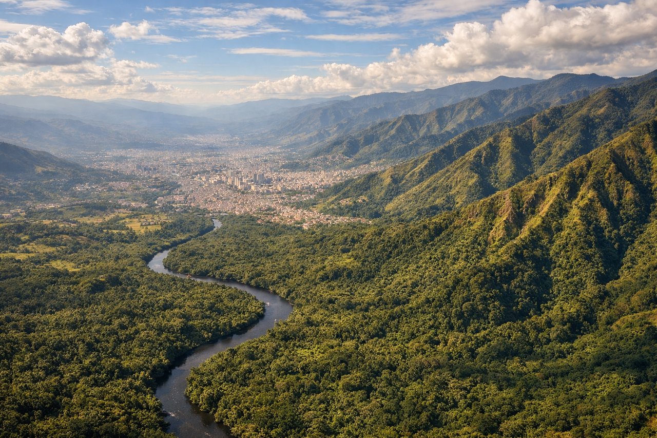 Right window seat view during takeoff from Rio Negro (MDE) — Aburrá Valley urban development, surrounding Andean ridgelines to the east and west, Rio Medellín valley floor, distant southern peaks