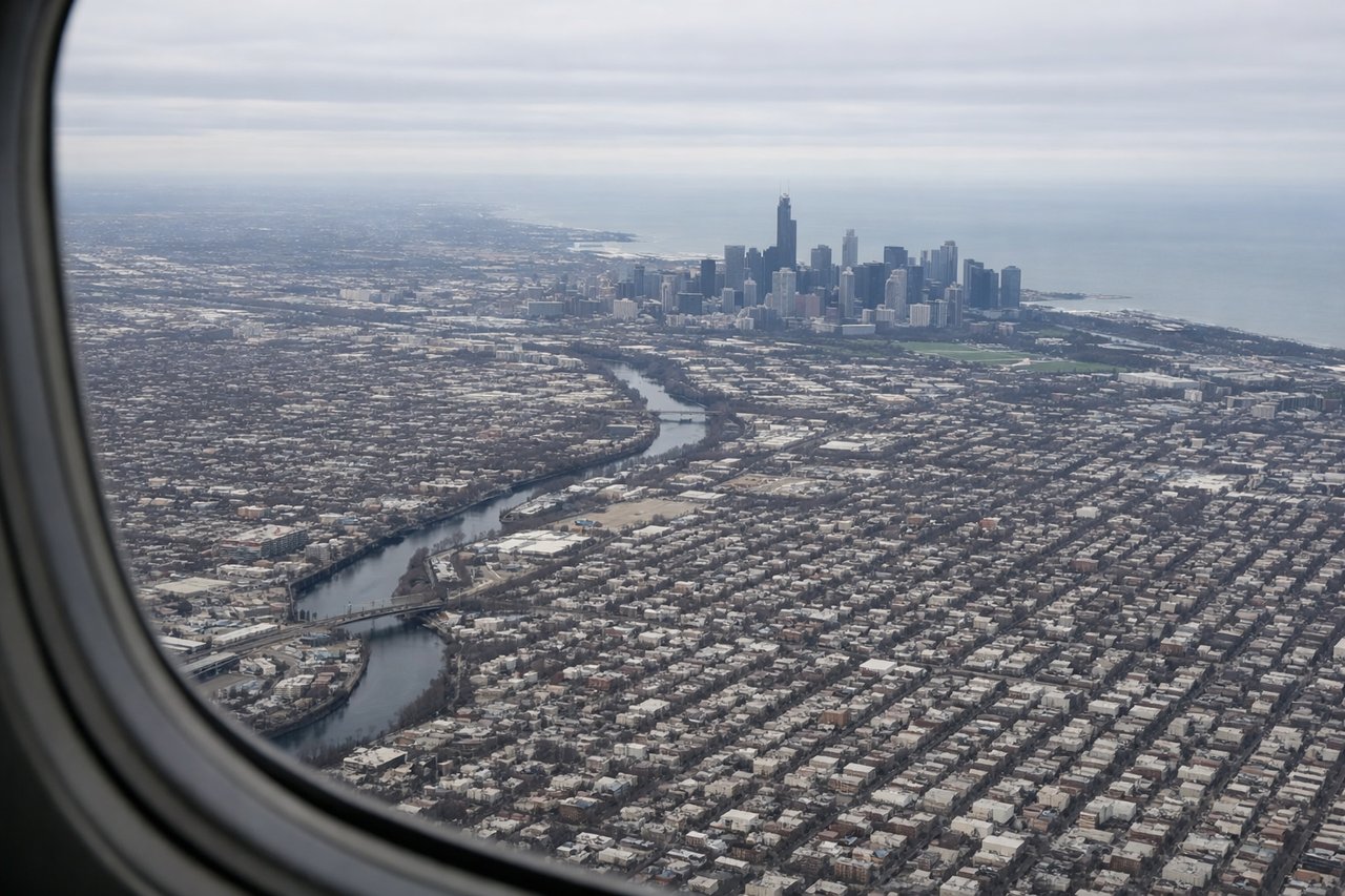Left window seat view during takeoff from Chicago (MDW) — Lake Michigan shoreline, downtown Chicago skyline (Willis Tower area), Lake Calumet industrial area, South Side Chicago street grid