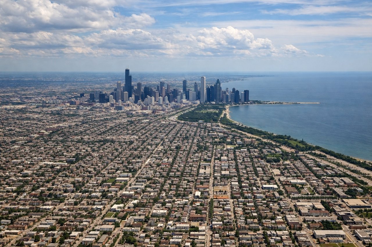 Right window seat view during takeoff from Chicago (MDW) — Lake Michigan shoreline, downtown Chicago skyline (Willis Tower area), Lake Calumet industrial area, South Side Chicago street grid