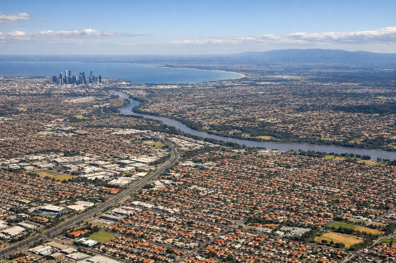 Aerial window seat view during landing at Melbourne (left side) — Port Phillip Bay (large enclosed bay south of Melbourne), Dandenong Ranges (forested hills east of the city), Melbourne CBD skyline with Yarra River, Williamstown and Hobsons Bay to the southwest