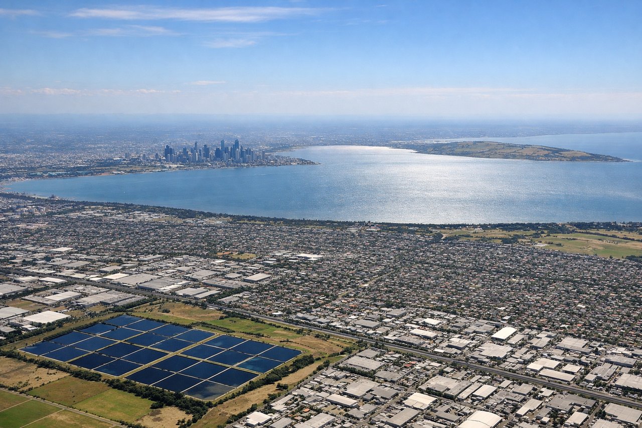 Left window seat view during takeoff from Melbourne (MEL) — Melbourne CBD skyline, Port Phillip Bay, Yarra River mouth, Westgate Bridge