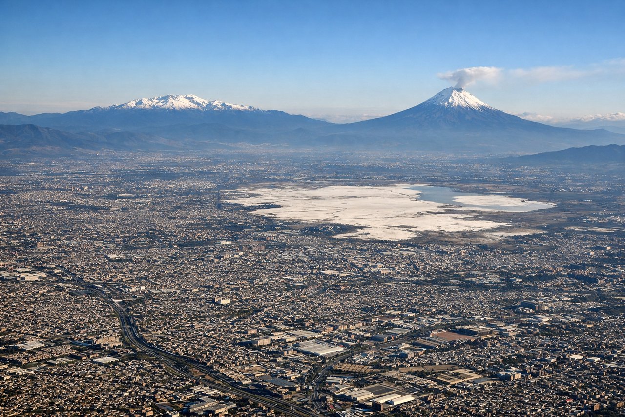 Aerial window seat view during landing at Mexico City (right side) — Sierra Madre Oriental mountains, Lake Texcoco basin, Mexico City metropolitan sprawl, Popocatépetl volcano (distant, weather permitting)