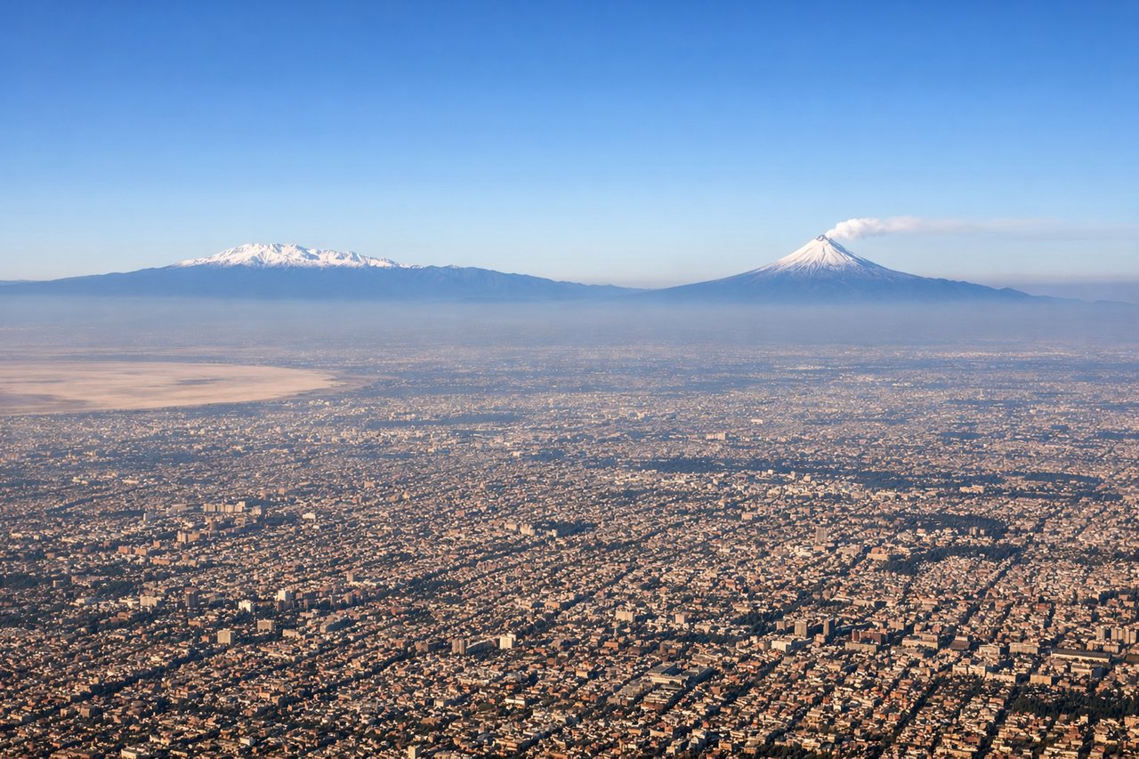 Aerial window seat view during takeoff from Mexico City (left side) — Mexico City metropolitan area, Popocatépetl volcano (5,426 m, often snow-capped), Iztaccíhuatl volcano, Sierra Madre Oriental ridgeline