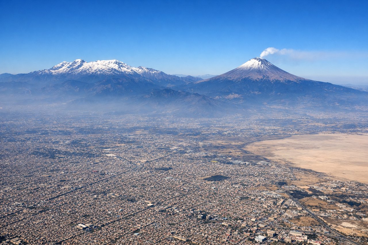 Aerial window seat view during takeoff from Mexico City (right side) — Mexico City metropolitan area, Lake Texcoco remnants, Sierra Madre Oriental foothills, high-altitude plateau terrain