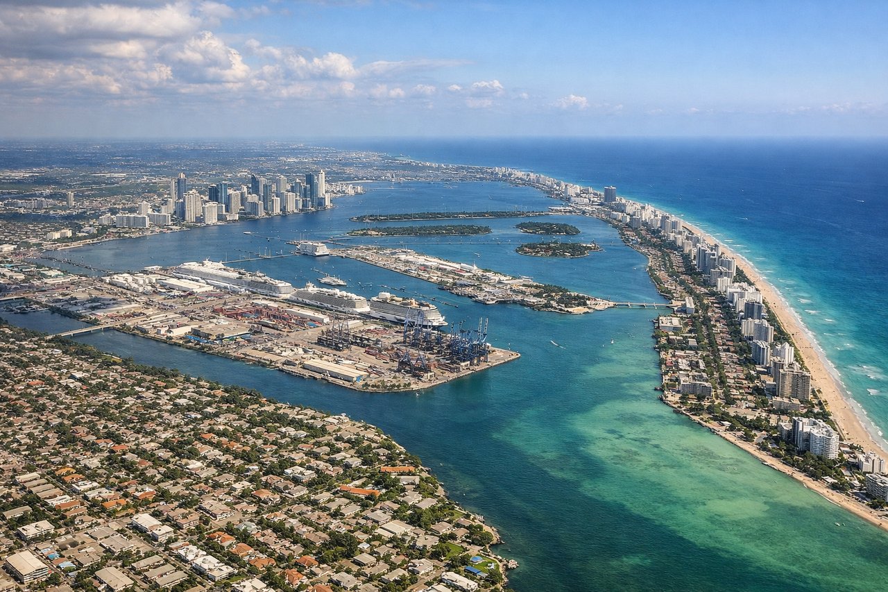 Aerial window seat view during landing at Miami (right side) — Miami Beach barrier island and Atlantic coastline, Biscayne Bay turquoise shallows, Port of Miami and downtown Miami skyline, Virginia Key and Key Biscayne