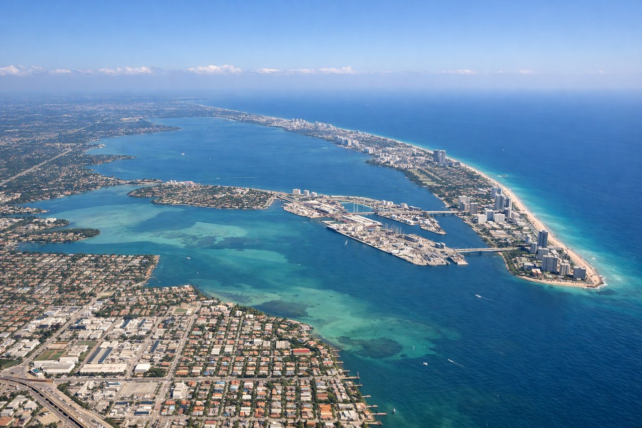 Aerial window seat view during takeoff from Miami (left side) — Downtown Miami skyline, Biscayne Bay, Miami Beach and barrier islands, Atlantic Ocean horizon