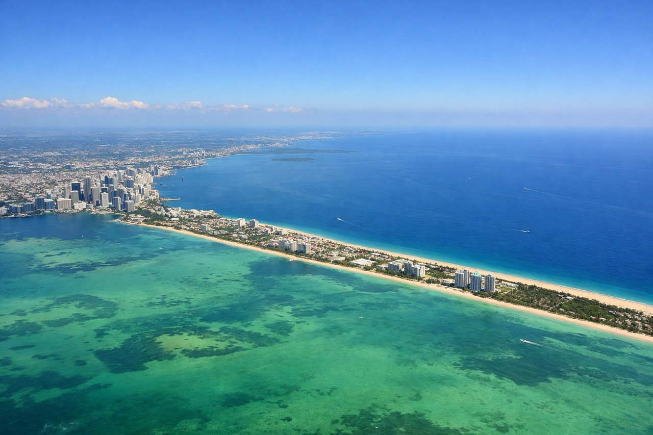 Aerial window seat view during takeoff from Miami (right side) — Biscayne Bay, Miami Beach barrier island, Port of Miami, downtown Miami skyline