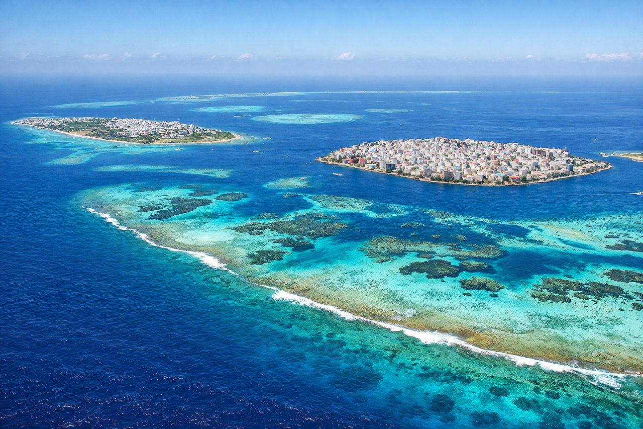 Aerial window seat view during landing at Male (right side) — North Male Atoll lagoon system, coral reef patterns, turquoise shallow waters, Male harbor and airport island