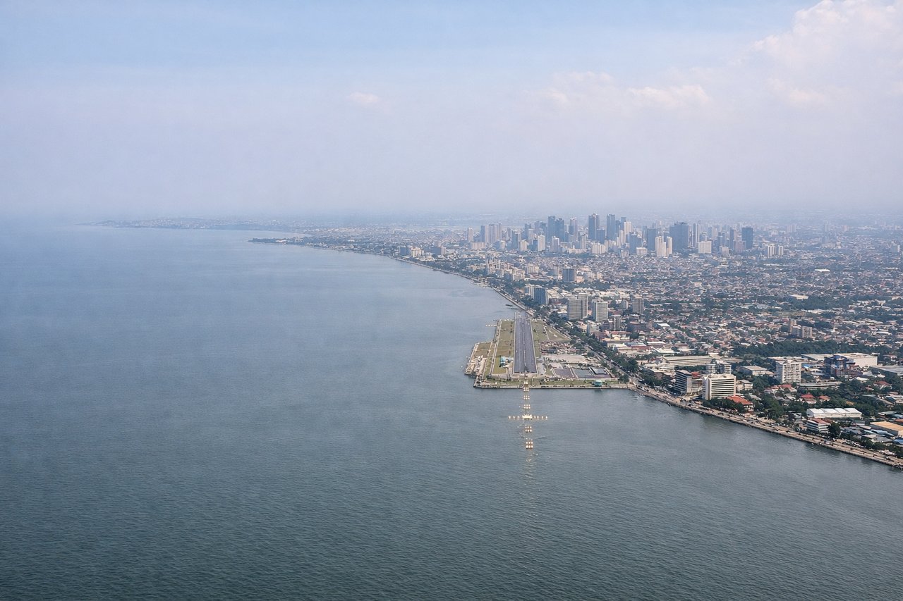 Aerial window seat view during landing at Manila (left side) — Manila Bay and its western shoreline, Makati and BGC skyscraper clusters, Laguna de Bay visible to the southeast, Manila Hotel and Roxas Boulevard waterfront
