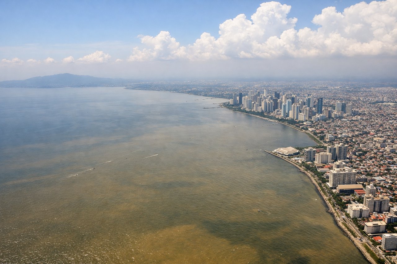 Aerial window seat view during takeoff from Manila (left side) — Taal Volcano and its crater lake, Laguna de Bay, Tagaytay Ridge, Batangas coastline
