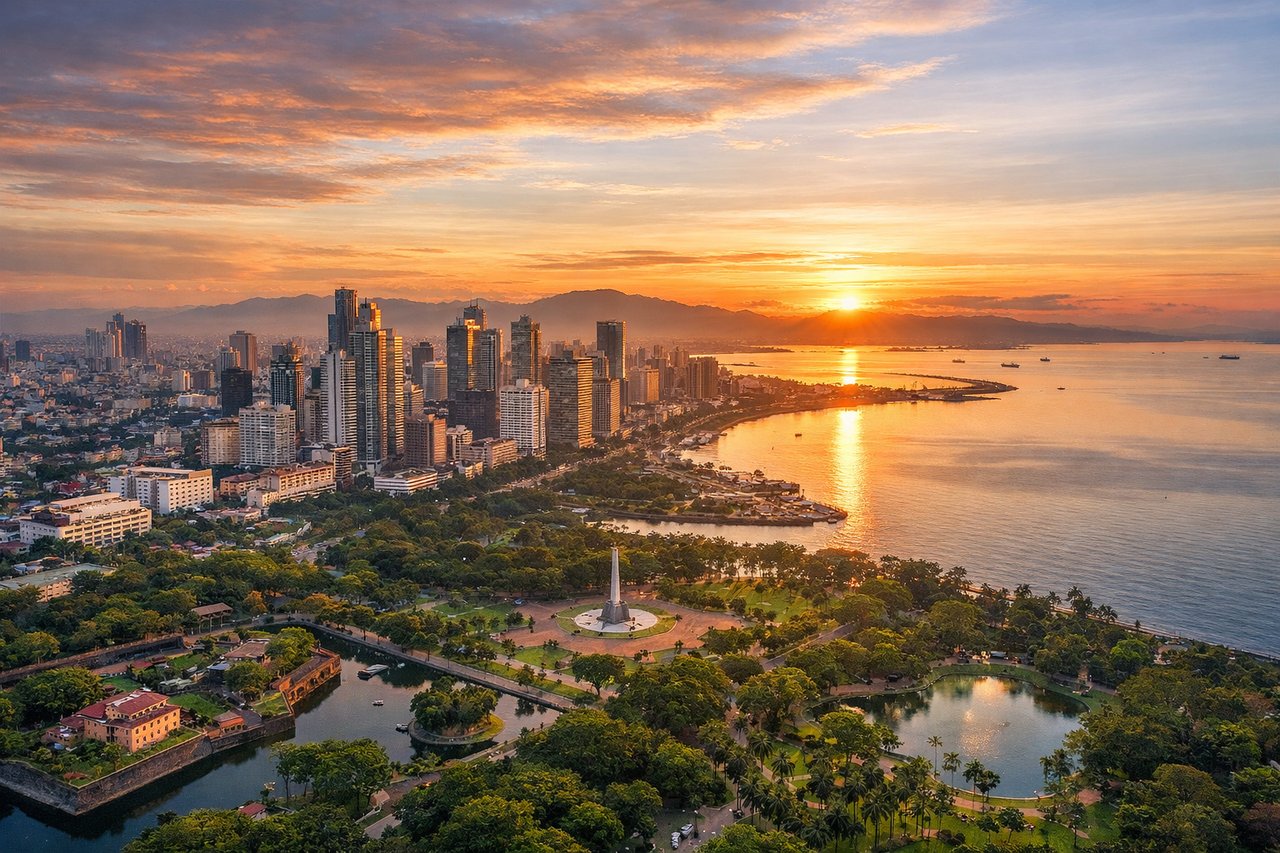 Aerial window seat view during takeoff from Manila (right side) — Manila Bay, Bataan Peninsula mountains, Corregidor Island, Manila skyline (left side reference)