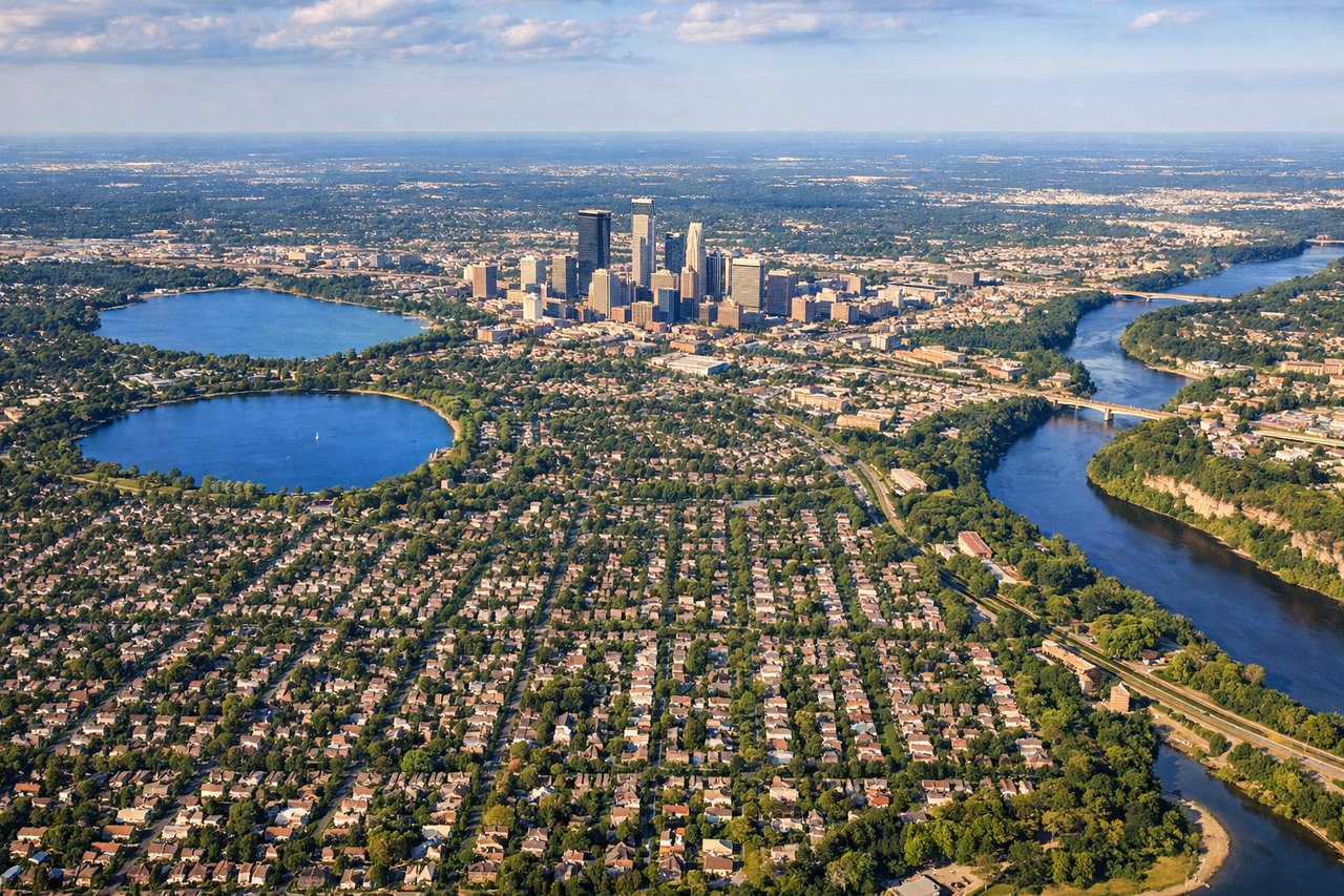 Left window seat view during landing at Minneapolis (MSP) — Mall of America, Minnesota River valley, Bloomington suburbs, Minnesota Valley National Wildlife Refuge wetlands