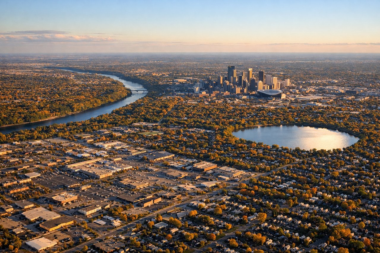 Aerial window seat view during landing at Minneapolis (right side) — Mississippi River, downtown Minneapolis skyline, Minnehaha Creek area, Twin Cities lakes
