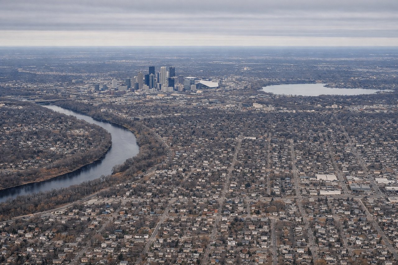 Aerial window seat view during takeoff from Minneapolis (left side) — Mississippi River, Minneapolis downtown skyline, St. Paul skyline and cathedral dome, Fort Snelling river confluence