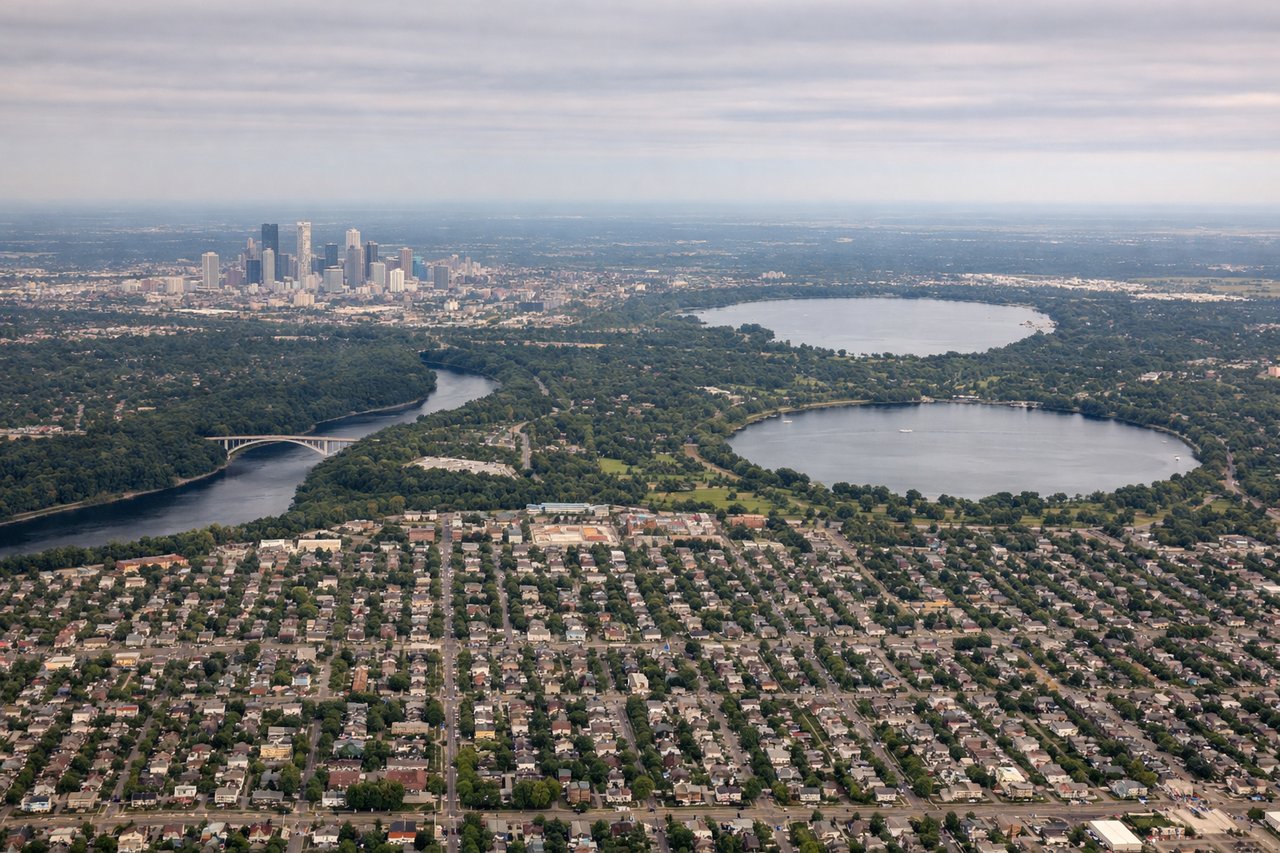 Right window seat view during takeoff from Minneapolis (MSP) — Minneapolis downtown skyline, Mississippi River, Lake Nokomis and Lake Harriet, Mall of America (visible shortly after takeoff near the airport)