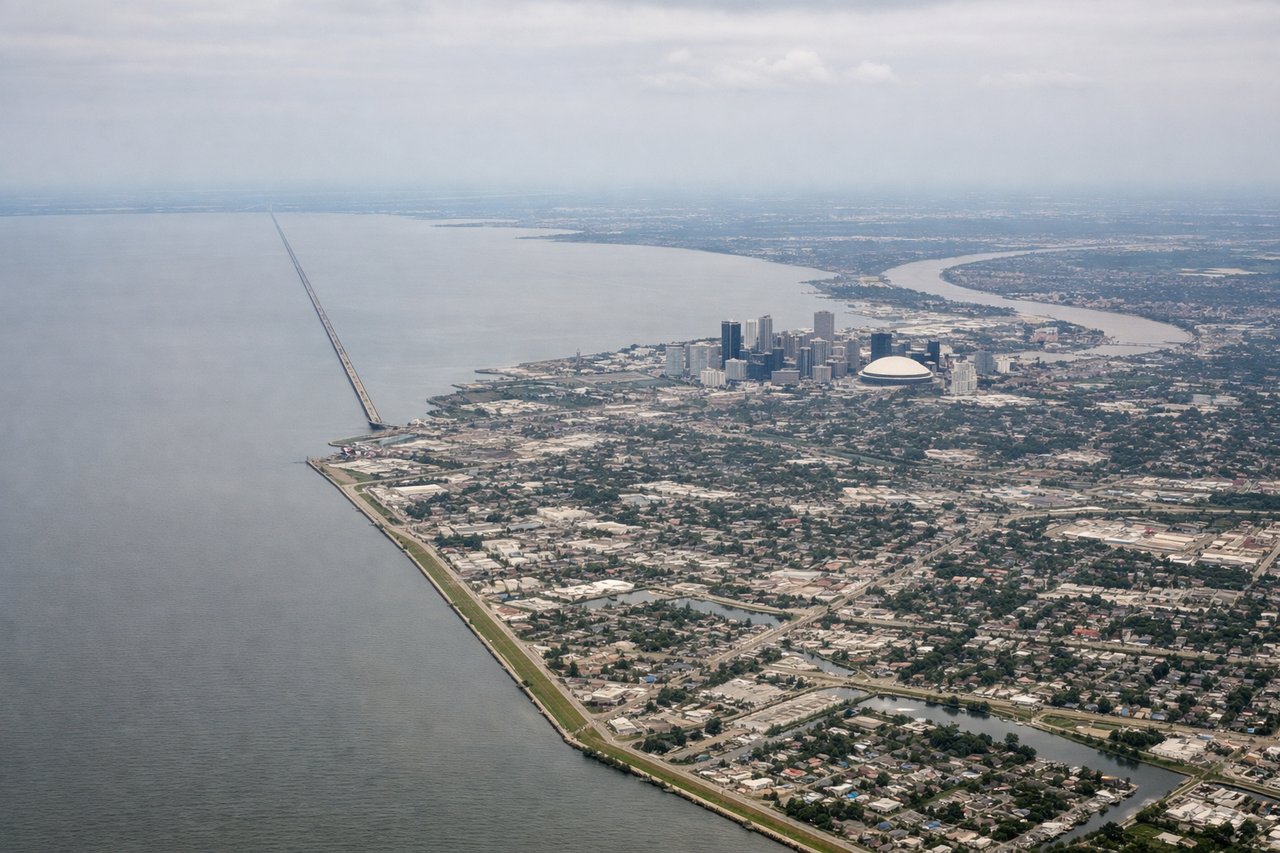 Aerial window seat view during landing at New Orleans (left side) — The Mississippi River with its characteristic meanders, Lake Pontchartrain to the north, the New Orleans urban grid in the river crescent, and the surrounding bayou wetlands