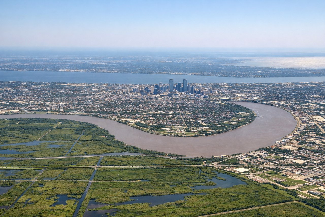 Aerial window seat view during landing at New Orleans (right side) — Lake Pontchartrain, Lake Pontchartrain Causeway, New Orleans downtown skyline, Mississippi River delta marshland
