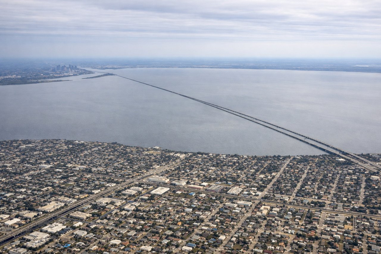 Aerial window seat view during takeoff from New Orleans (left side) — Lake Pontchartrain, New Orleans downtown skyline, Mississippi River, Lake Pontchartrain Causeway