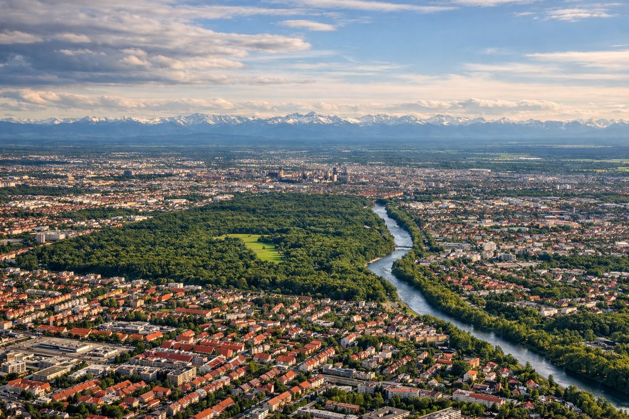 Aerial window seat view during landing at Munich (left side) — Bavarian Alps (distant western peaks), Isar River valley, Munich's urban sprawl, Dachau region to the northwest