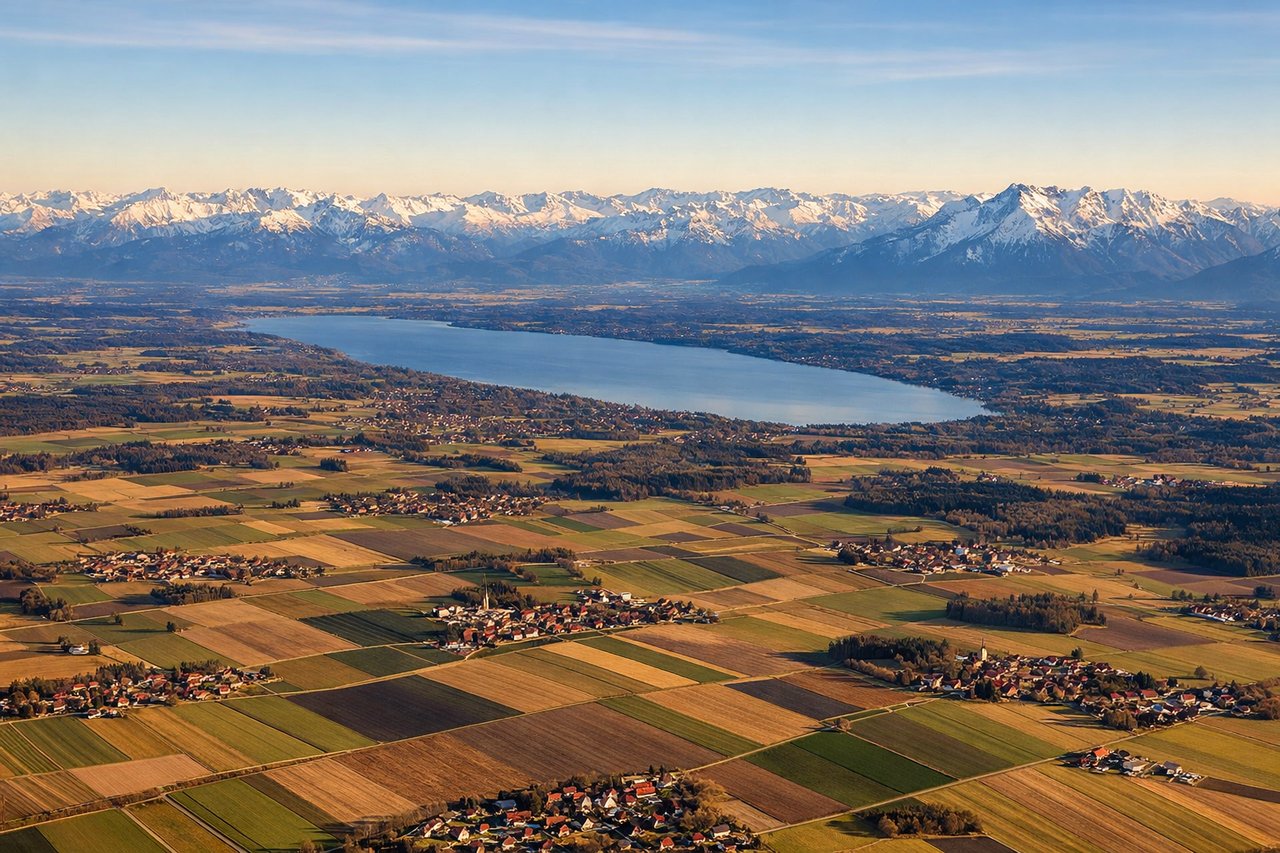 Aerial window seat view during landing at Munich (right side) — Bavarian Alps (Zugspitze region visible on clear days), Isar River valley, Munich city center and sprawl, Dachau area to the north