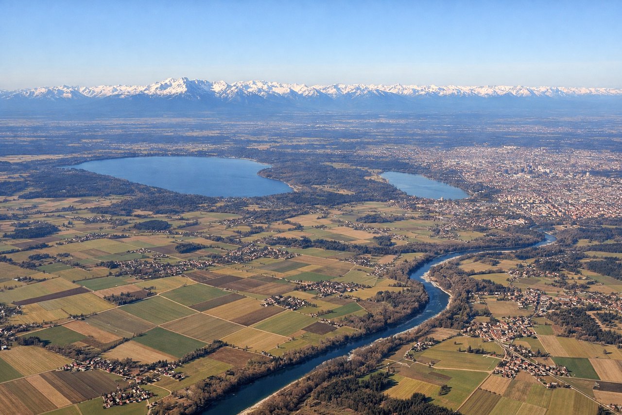 Aerial window seat view during takeoff from Munich (left side) — Zugspitze (Germany's highest peak), Karwendel range, Inn Valley, Ammersee lake