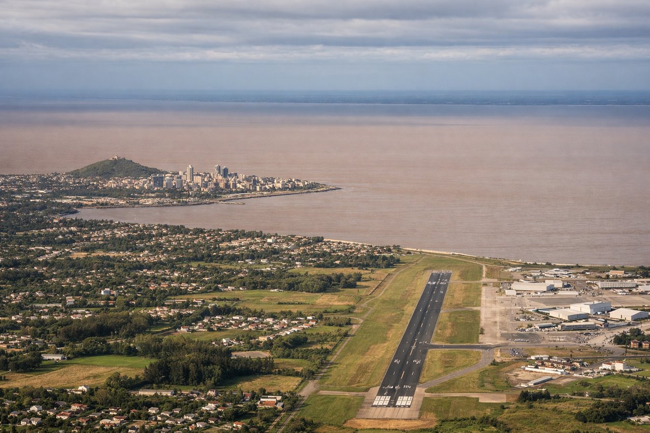 Aerial window seat view during landing at Montevideo (left side) — Río de la Plata (massive muddy-brown estuary), Montevideo's peninsula and Old City waterfront, Cerro hill (the city's highest point at 135 meters), Pocitos and Punta Carrasco beaches