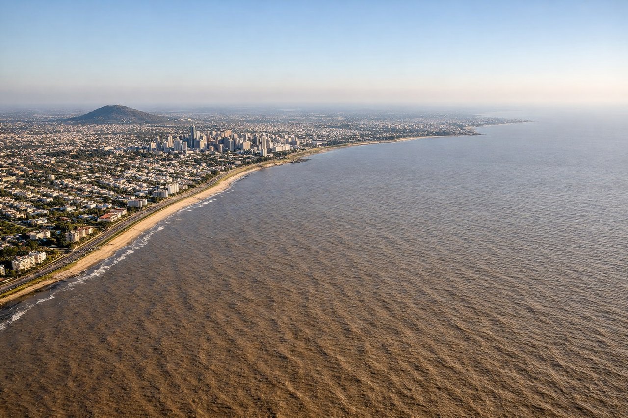 Aerial window seat view during landing at Montevideo (right side) — Río de la Plata estuary (wide, muddy-brown waters), Montevideo's Old City and harbor district, Punta Carretas peninsula, Rambla waterfront promenade