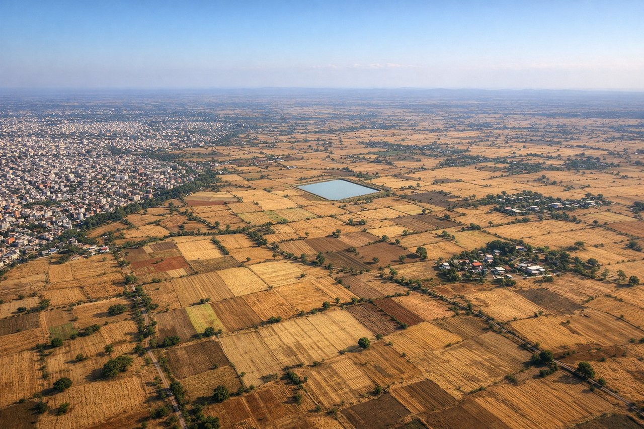 Aerial window seat view during landing at Nagpur (left side) — Deccan Plateau terrain, Nagpur city and urban sprawl, agricultural fields and villages, Nagpur airport runways