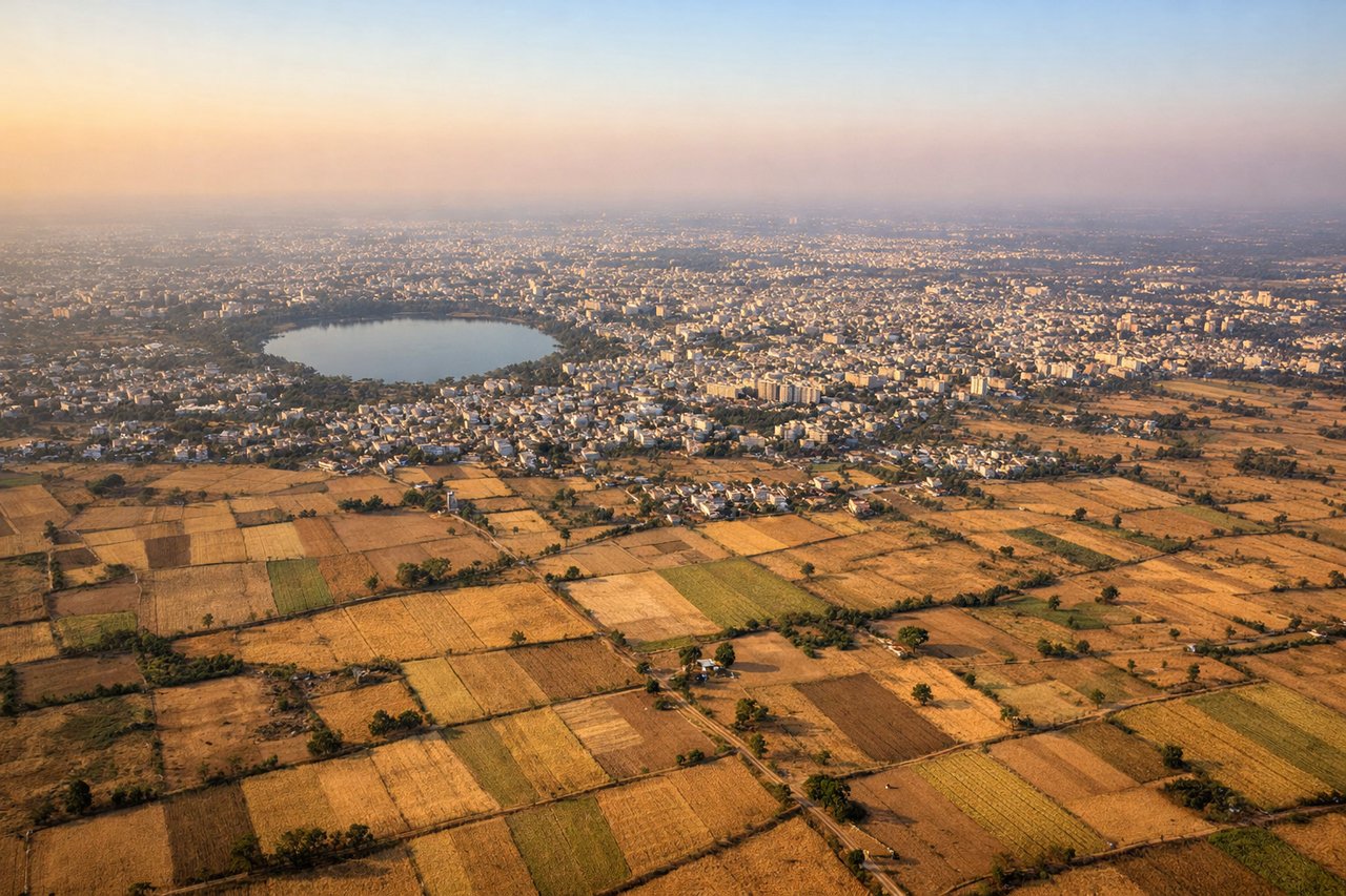 Right window seat view during landing at Nagpur (NAG) — Futala Lake (artificial reservoir southwest of airport), Nagpur city sprawl with grid-pattern streets, Ambazari Reservoir (further southwest on horizon), scattered agricultural fields and villages to the northeast