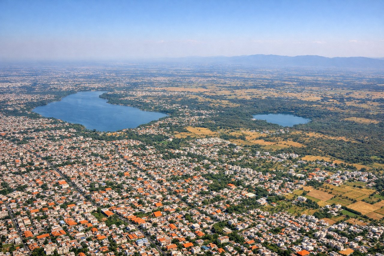 Right window seat view during takeoff from Nagpur (NAG) — Nagpur city sprawl (urban grid visible below 5,000 ft), Futala Lake (small reservoir south of city center), agricultural fields in geometric patterns across the Deccan Plateau, distant Satpura Range foothills on the horizon to the southwest