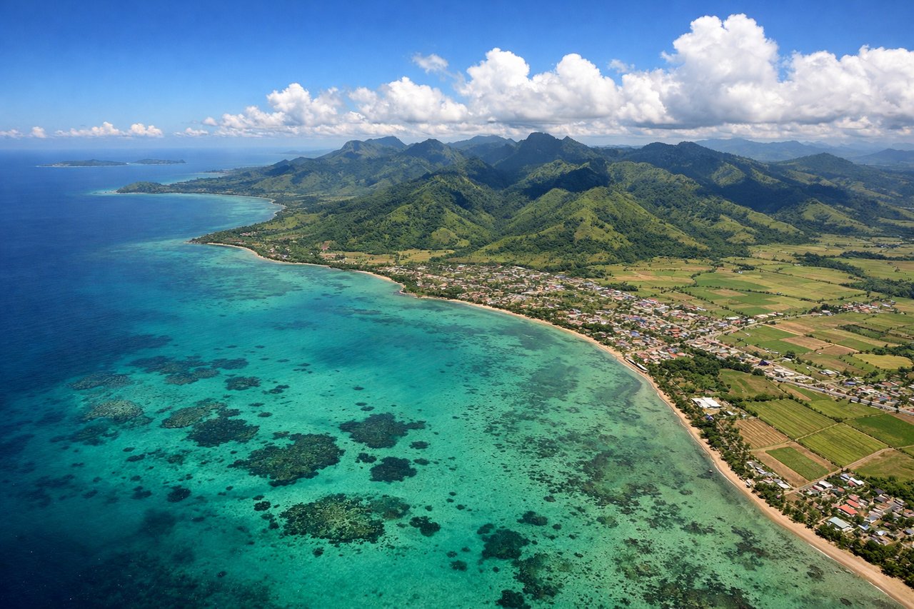 Left window seat view during landing at Nandi (NAN) — Mamanuca Islands (Malolo, Mana, Matamanoa), coral reef patterns in the lagoon, Nadi Bay coastline, distant Viti Levu interior ridgelines on the right