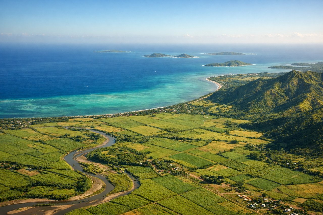 Aerial window seat view during landing at Nandi (right side) — Viti Levu island (Fiji's largest), coral reef systems and lagoons, Nadi Bay, volcanic interior ridgeline