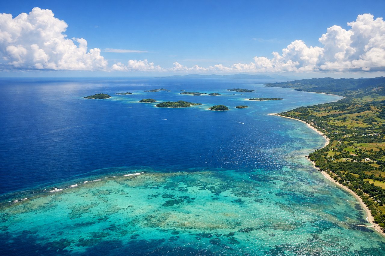 Left window seat view during takeoff from Nandi (NAN) — Mamanuca Islands (Malolo, Mana, Tavarua), coral reef systems, Nadi Bay coastline, Viti Levu's western shoreline