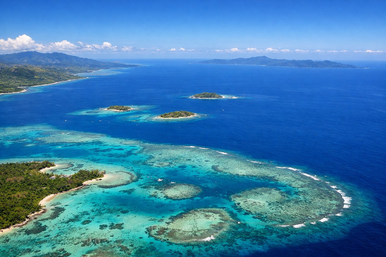 Aerial window seat view during takeoff from Nandi (right side) — Viti Levu volcanic ridge, Fiji reef systems, Yasawa Islands chain to the northwest, Nadi Bay coastline