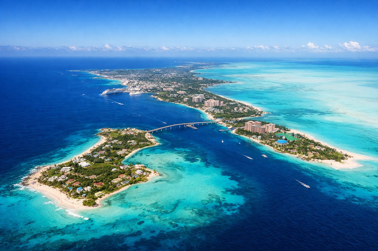 Left window seat view during takeoff from Nassau (NAS) — New Providence Island (northern shore), Nassau harbor and port facilities, turquoise Bahama Banks waters, Paradise Island to the east