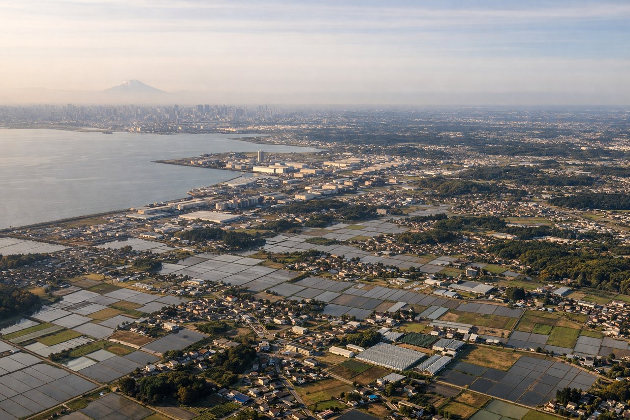 Aerial window seat view during landing at Tokyo (right side) — Tokyo Bay, Mount Fuji (weather permitting), Chiba coastline and Boso Peninsula, distant Tokyo skyline