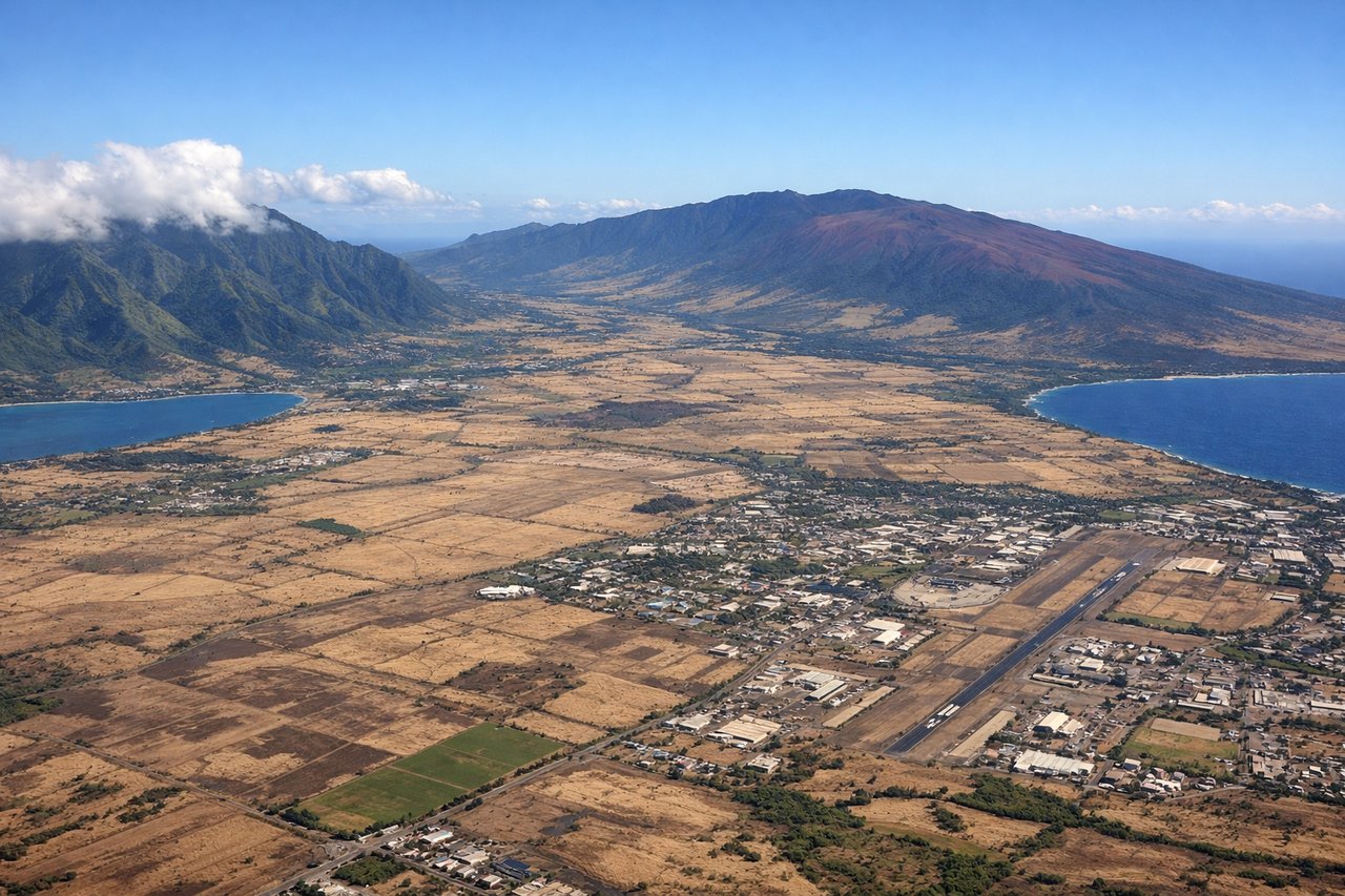 Aerial window seat view during landing at Kahului (left side) — Haleakala summit crater (10,023 ft), West Maui Mountains (Pu'u Kukui), Kahului Bay, Maui's central isthmus