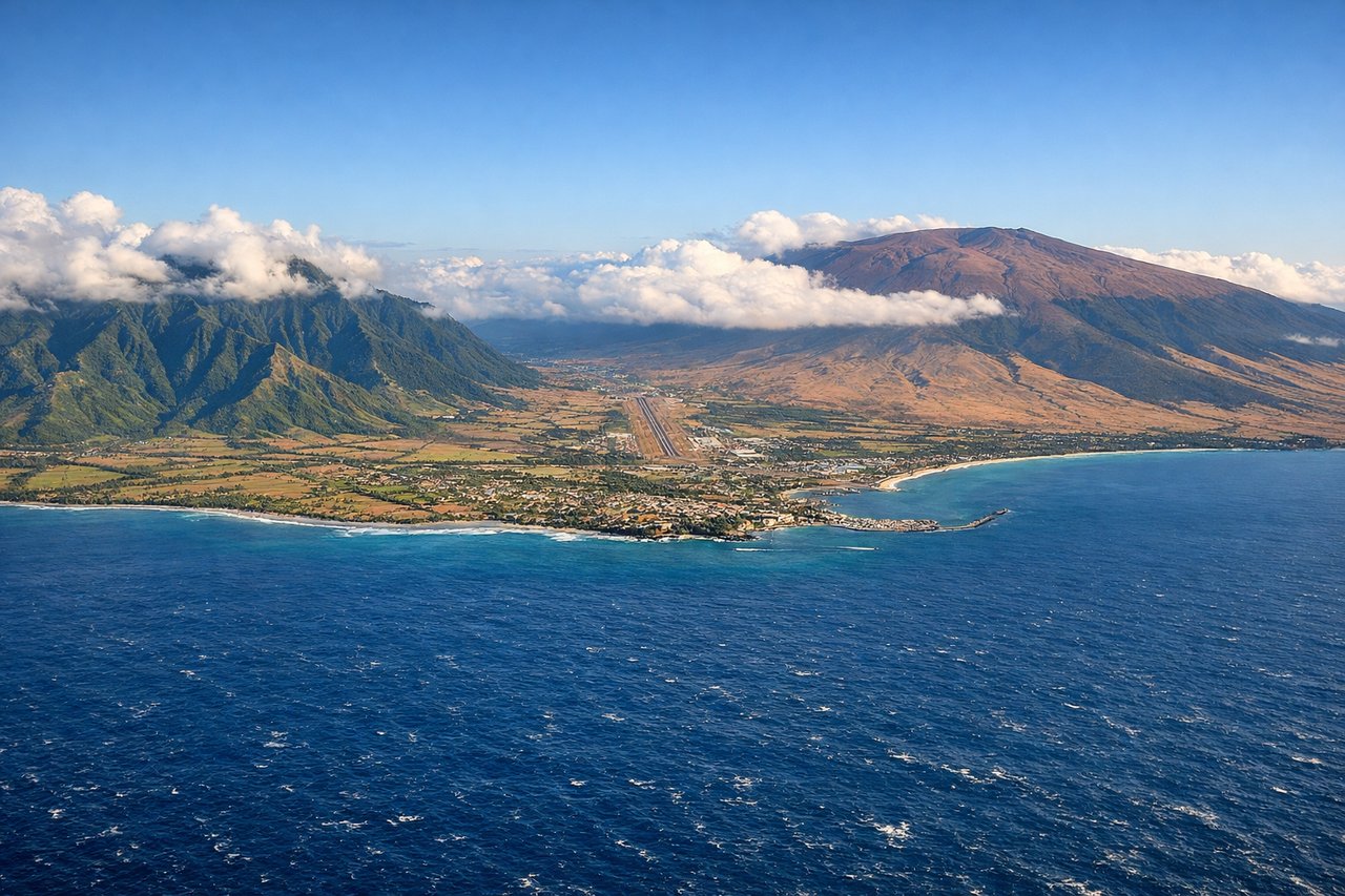 Aerial window seat view during landing at Kahului (right side) — Haleakala volcano, Maui's central isthmus farmland, Kahului Harbor, Pacific coastline