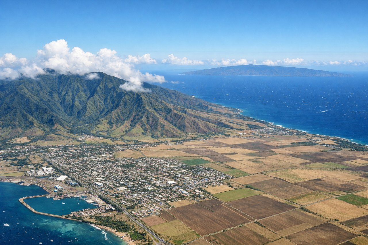 Left window seat view during takeoff from Kahului (OGG) — Haleakala volcano summit, Central Maui isthmus and sugarcane fields, Kahului Harbor, East Maui coastline