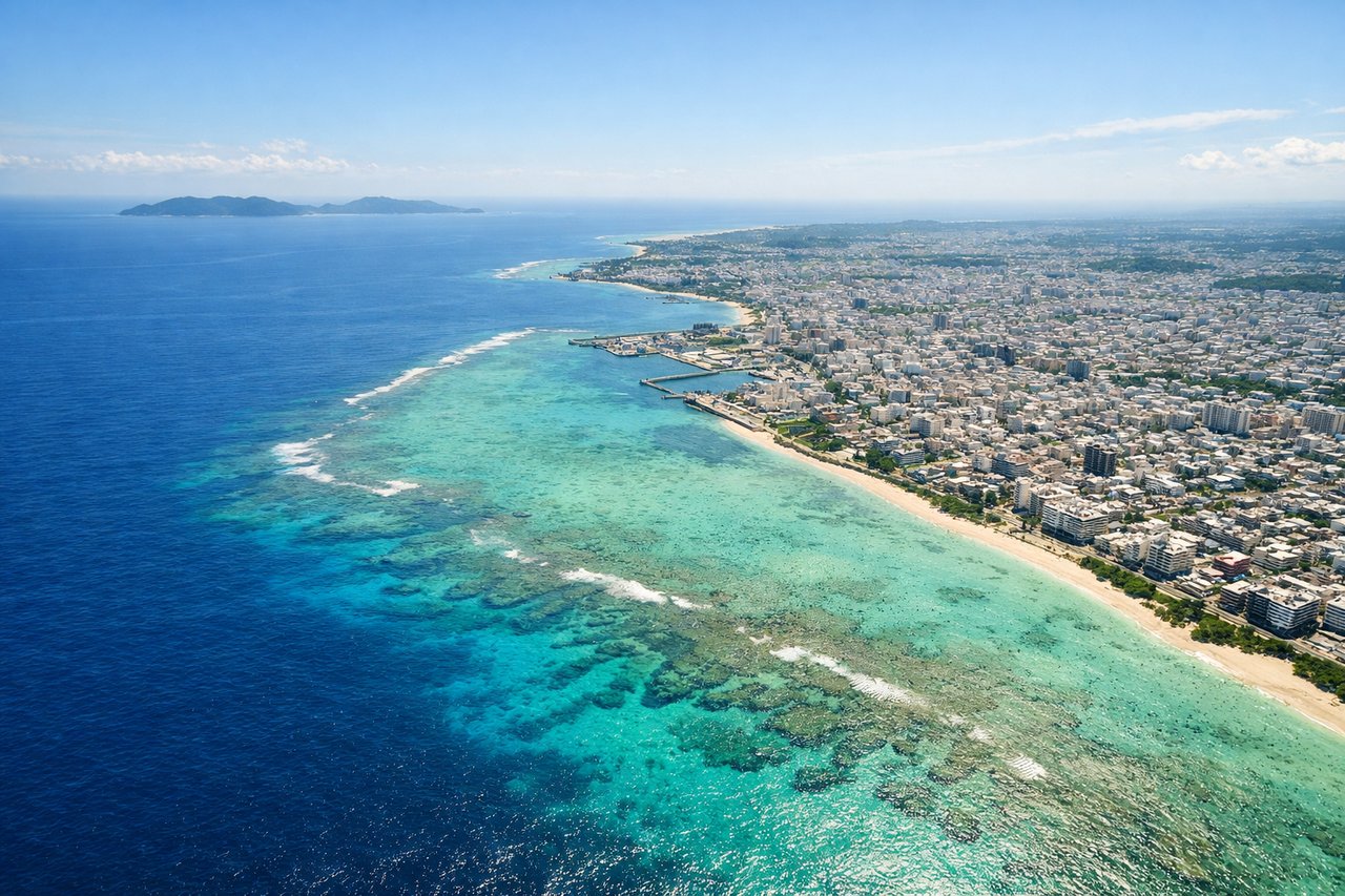 Aerial window seat view during landing at Naha (left side) — Kerama Islands (west of Okinawa main island), Okinawa's central forested plateau, Motobu Peninsula (northern Okinawa), East China Sea