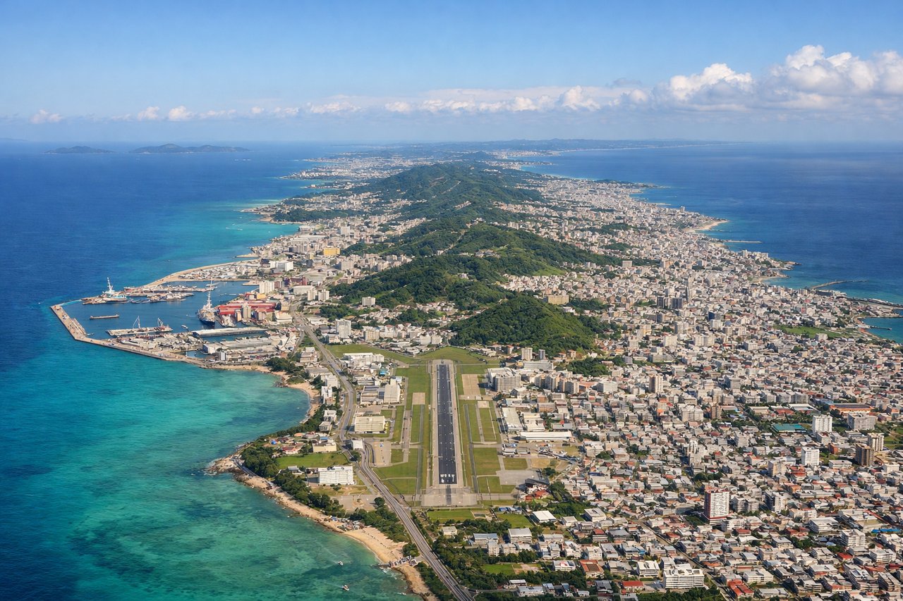 Aerial window seat view during landing at Naha (right side) — Okinawa's narrow main island coastline, Naha urban waterfront and port, Kerama Islands visible to the west over the East China Sea, Shuri Castle area on the elevated ridge east of Naha