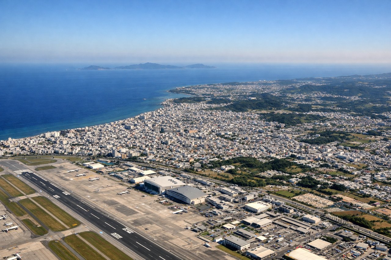 Aerial window seat view during takeoff from Naha (left side) — Kerama Islands (small archipelago 30 miles west), East China Sea, Okinawa's central plateau, Naha city sprawl