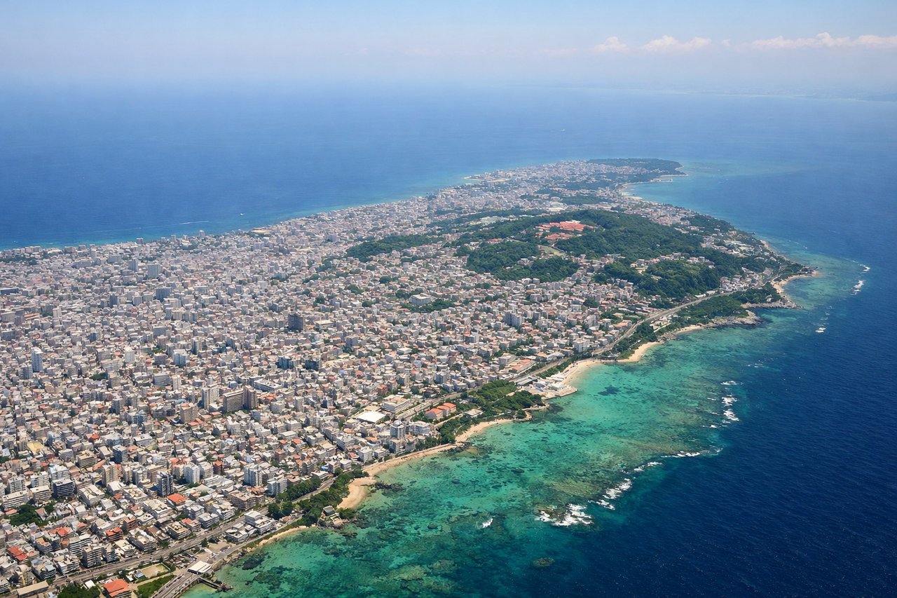 Aerial window seat view during takeoff from Naha (right side) — Kerama Islands (west), central Okinawa plateau, Naha urban sprawl (south), East China Sea coastline