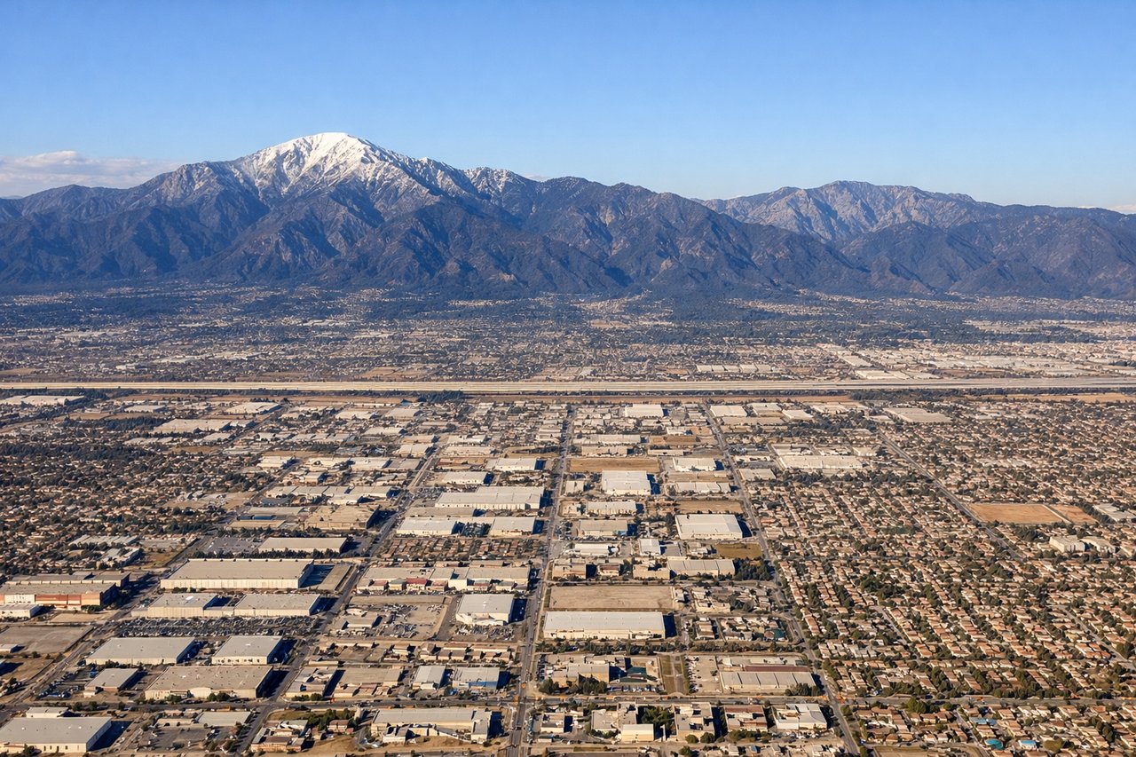 Left window seat view during landing at Ontario (ONT) — San Gabriel Mountains (north, distant ridge), San Bernardino Mountains (northeast horizon), Inland Empire sprawl (right/south), Ontario city grid (below/ahead)